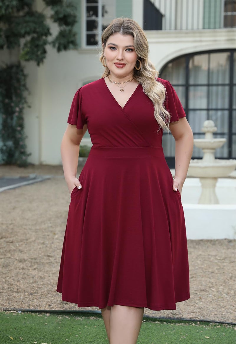 Nemidor Plus Size Dresses for Curvy Women Casual Summer V Neck Short Sleeve Midi Cocktail Vintage Dress with Pocket(073,18,Wine) - Image 3