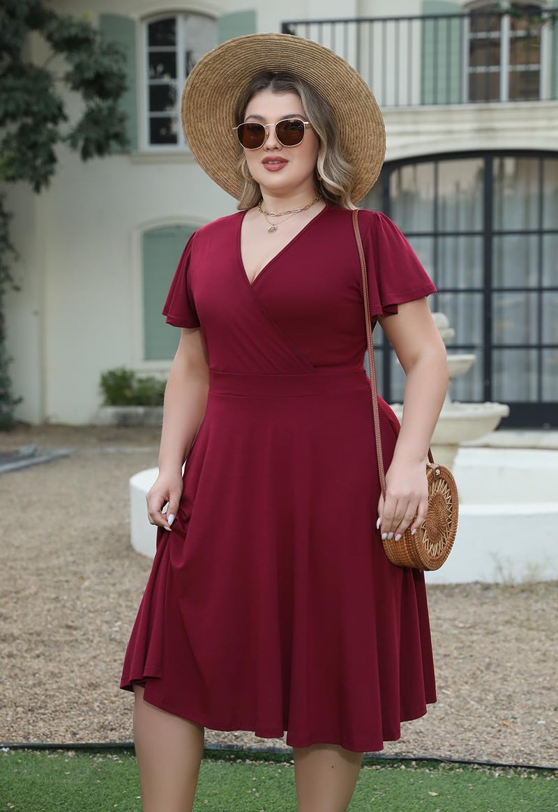 Nemidor Plus Size Dresses for Curvy Women Casual Summer V Neck Short Sleeve Midi Cocktail Vintage Dress with Pocket(073,18,Wine) - Image 5