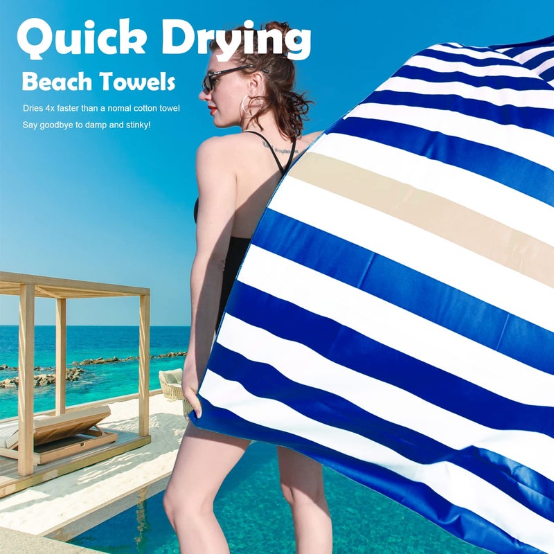 Your Choice Microfiber Quick Dry Sand-Free Beach Towel for Adults & Kids - Oversized, Compact, Lightweight, Absorben - Khaki and Dark Blue Stripe, Extra Large Beach Towel 67x35 - Image 3