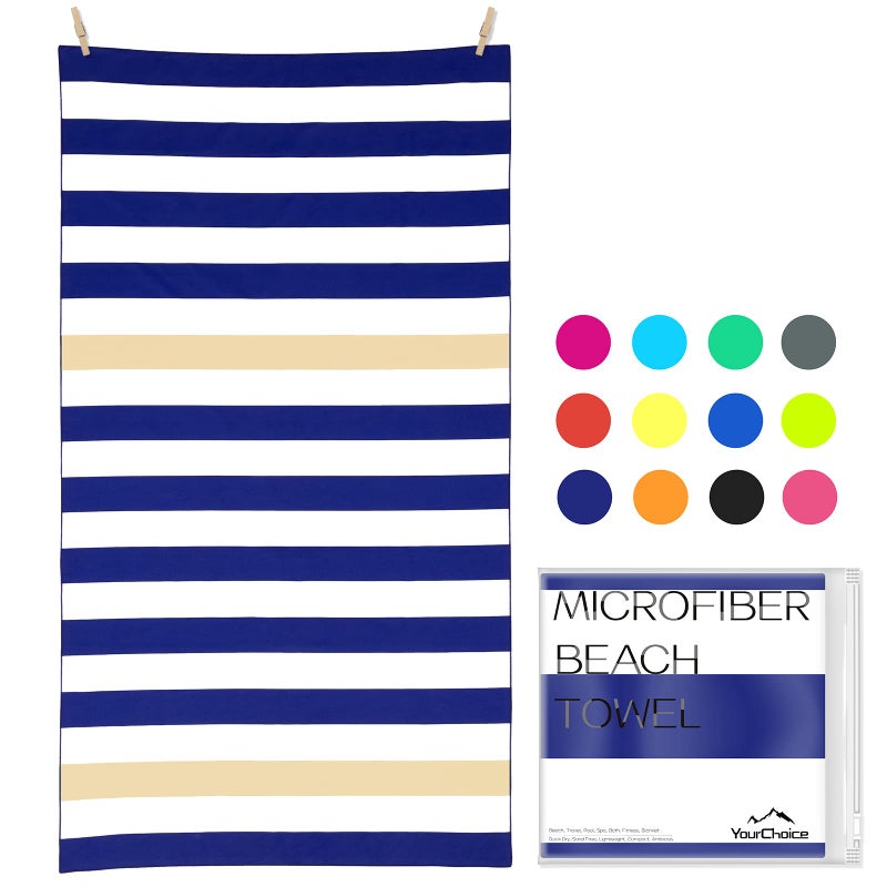 Your Choice Microfiber Quick Dry Sand-Free Beach Towel for Adults & Kids - Oversized, Compact, Lightweight, Absorben - Khaki and Dark Blue Stripe, Extra Large Beach Towel 67x35 - Image 1