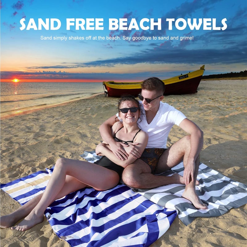 Your Choice Microfiber Quick Dry Sand-Free Beach Towel for Adults & Kids - Oversized, Compact, Lightweight, Absorben - Khaki and Dark Blue Stripe, Extra Large Beach Towel 67x35 - Image 2