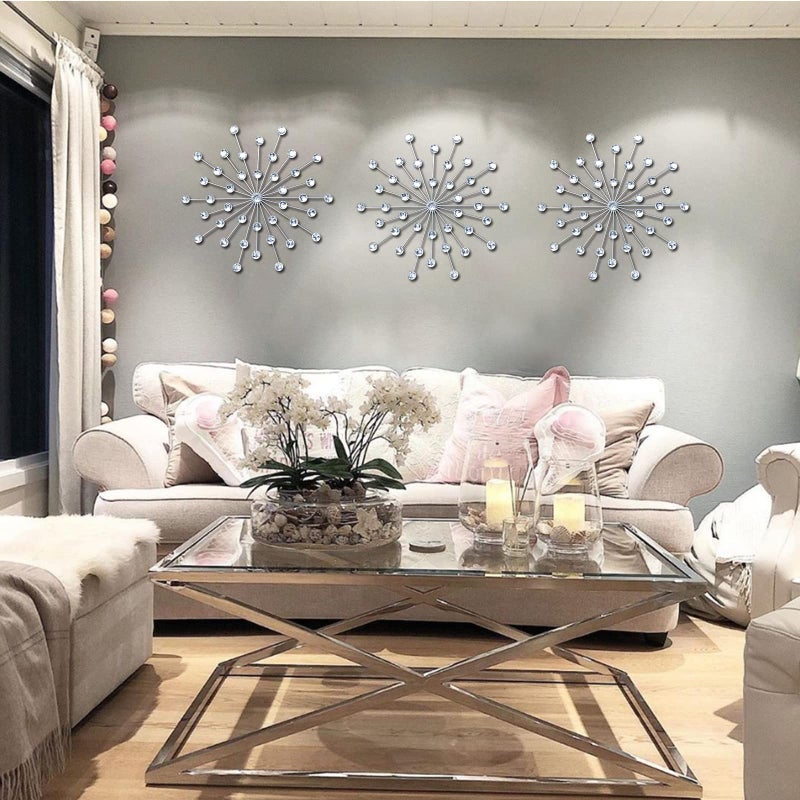 ZEXUIRU 3 Pack Silver Sunburst Wall Decor â€“ Metal Crystal Wall Art with Sparkling Rhinestones, 14â€™â€™/18 Inch Starburst Wall Hanging Set for Living Room Bedroom Bathroom â€“ Modern Bling Home Decorations - Image 2