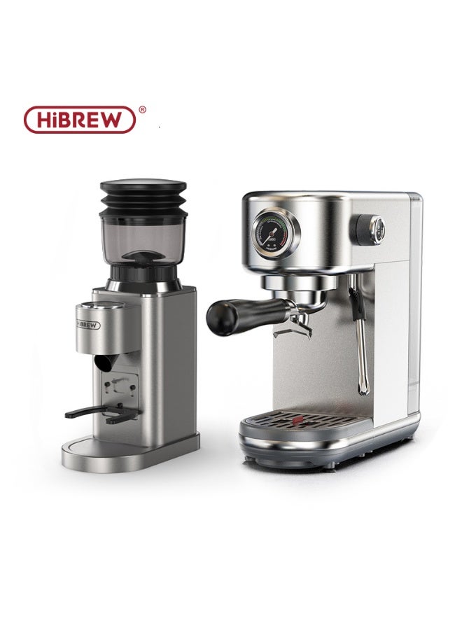 هيبرو مطحنة قهوة كهربائية مخروطية الشكل HiBREW G7 مع ماكينة إسبريسو نصف أوتوماتيكية H10B، طقم مكون من قطعتين، طقم ماكينة قهوة منزلية، درجة حرارة قابلة للتعديل للقهوة الباردة/الساخنة، كابتشينو - Image 1