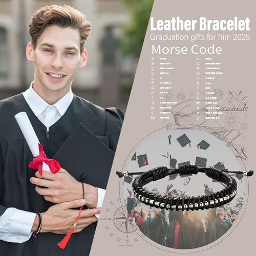 Btysun Graduation Gifts for Him 2025 Morse Code Bracelets for Men Leather Bracelets for Boyfriend Son Classmate Congratulate High School College Graduation Grad Birthday Jewelry - Image 2