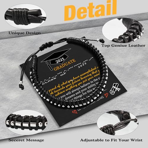 Btysun Graduation Gifts for Him 2025 Morse Code Bracelets for Men Leather Bracelets for Boyfriend Son Classmate Congratulate High School College Graduation Grad Birthday Jewelry - Image 4