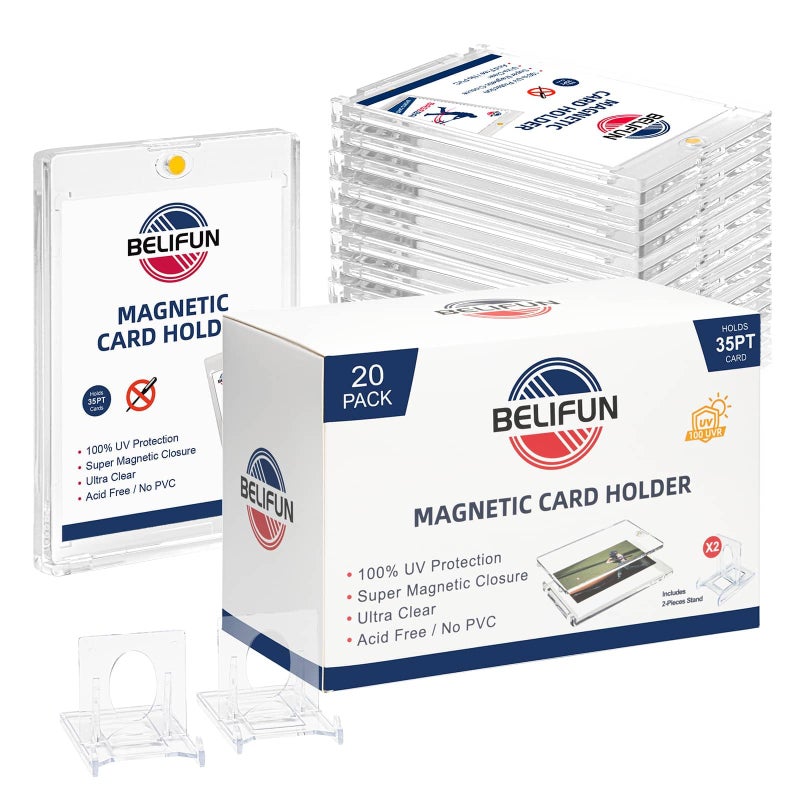 belifun 20 حزمة حوامل بطاقات مغناطيسية لمسة واحدة 35PT حوامل بطاقات تداول حماية من الأشعة فوق البنفسجية حالات بطاقات أكريليك شفافة واقي بطاقات لألعاب البيسبول وبطاقات الرياضة تناسب تخزين وعرض البطاقات القياسية - Image 2