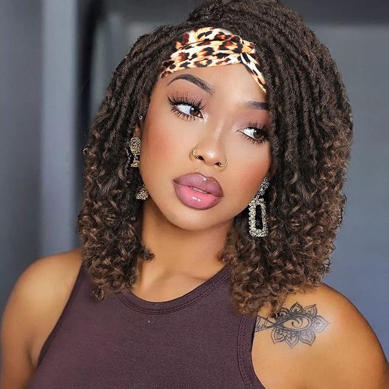 WIGER Short Dreadlock Wigs for Black Women Ombre Brown Faux Locs Headband Wig Braided Wigs Curly Hair Wig BrownBlonde Twist Wigs Synthetic Locs Crochet Hair 430