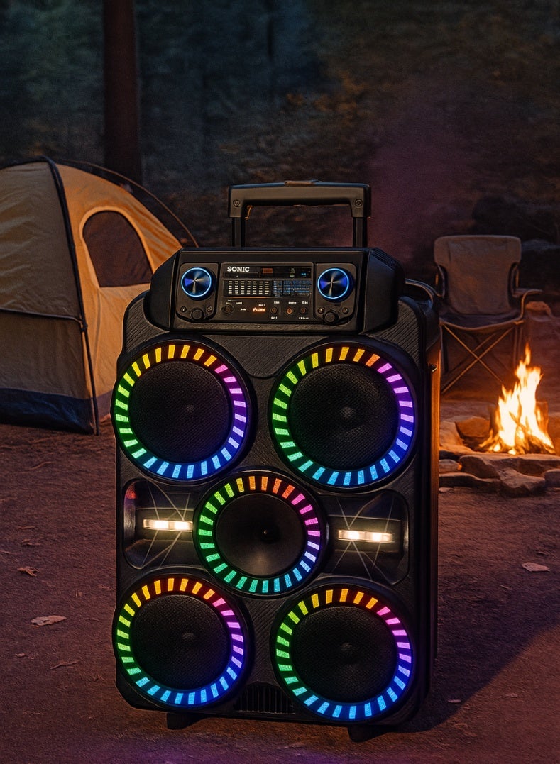 iSONIC مكبر صوت بلوتوث IS440 1×2 مع أضواء LED للحفلات، صوت قوي، ميكروفون لاسلكي وجهاز تحكم عن بعد، تصميم محمول قابل لإعادة الشحن - مثالي للحفلات، الكاريوكي والترفيه في الهواء الطلق - Image 2