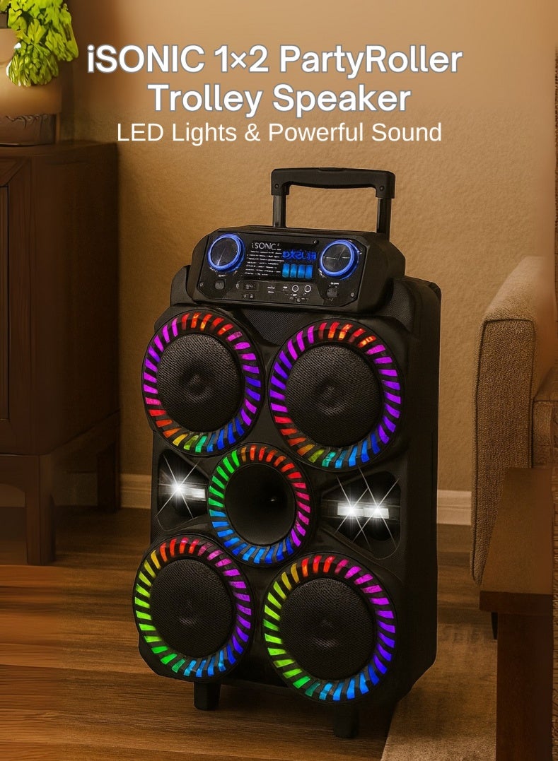 iSONIC مكبر صوت بلوتوث IS440 1×2 مع أضواء LED للحفلات، صوت قوي، ميكروفون لاسلكي وجهاز تحكم عن بعد، تصميم محمول قابل لإعادة الشحن - مثالي للحفلات، الكاريوكي والترفيه في الهواء الطلق - Image 1