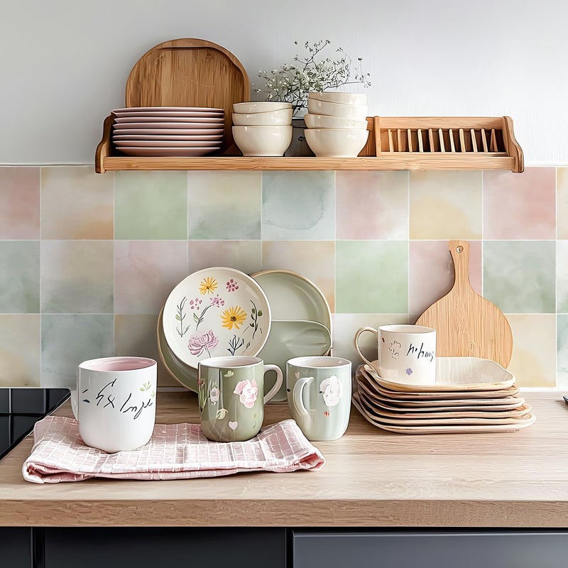 Alwayspon Self-Adhesive Vinyl Wall Tile Stickers, 10Pcs 15cm/6inch Peel and Stick on Tiles Transfer Vinyl Flooring Waterproof Splashback for Kitchen Bathroom, Watercolour - Image 3