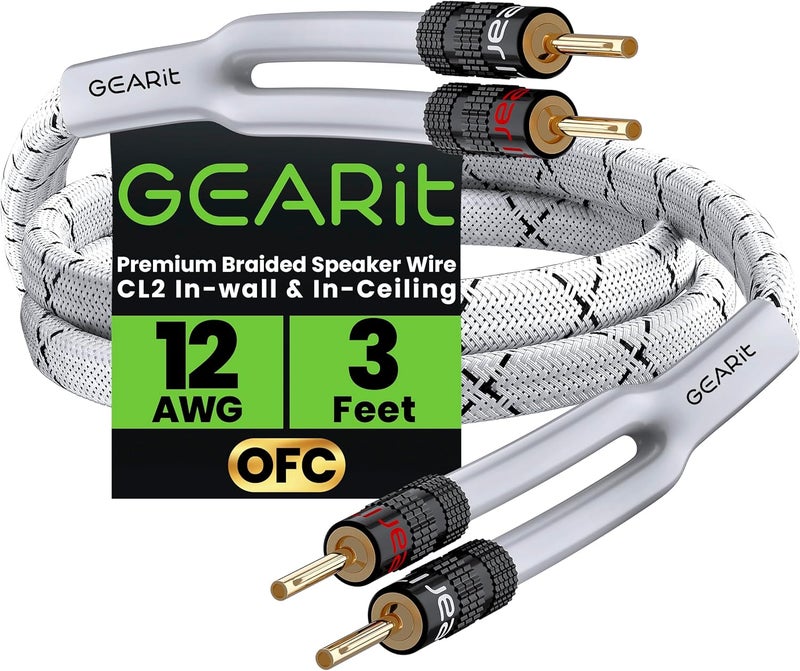 GearIT 12AWG Premium Heavy Duty Braided Speaker Wire (3 Feet) with Dual Gold Plated Banana Plug Tips - Oxygen-Free Copper (OFC) Construction, White - Image 1