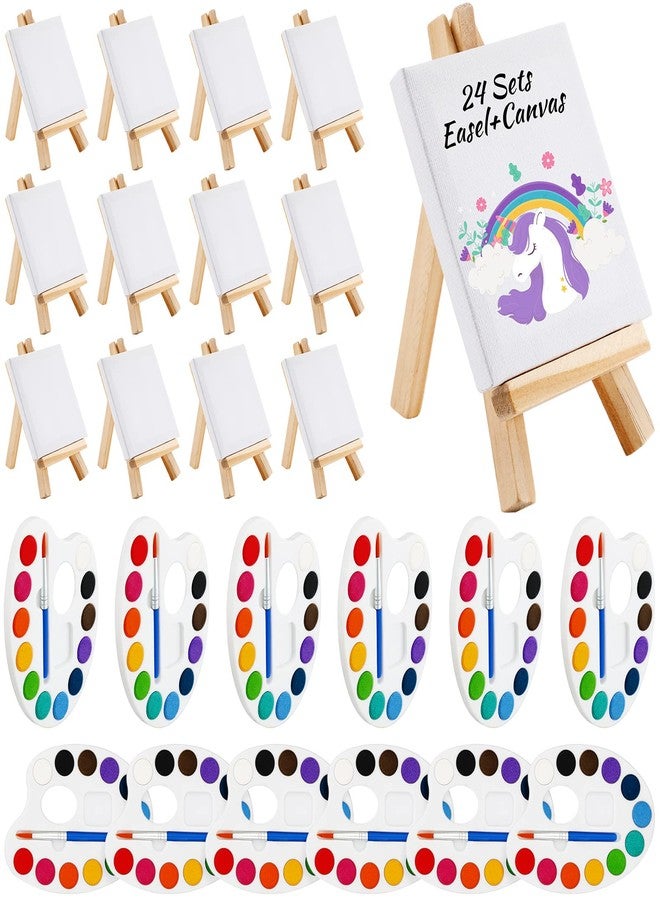 Zubebe 24 Set Mini Canvas Painting Kit, Mini Watercolor Paint Sets, 4 x 4 Inch Canvas with Wooden Easel, 12 Colors Watercolor Palette Brush Bulk for Adults Beginner Art Party Favors - Image 1