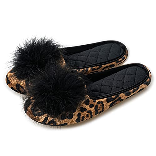 GRITHEIM Women's Fuzzy Pom Pom Feather Velvet House Slippers Sexy Cozy Bedroom Slippers for Ladies Non-slip Sole Indoor Outdoor Leopard 9-10 - Image 1