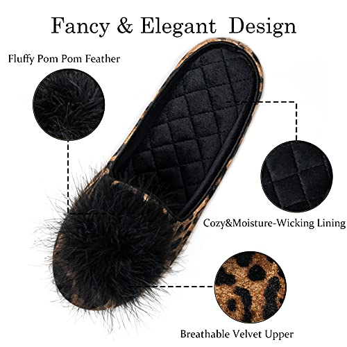 GRITHEIM Women's Fuzzy Pom Pom Feather Velvet House Slippers Sexy Cozy Bedroom Slippers for Ladies Non-slip Sole Indoor Outdoor Leopard 9-10 - Image 3