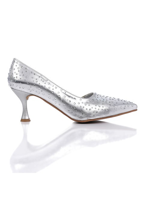 Strassed Allover Pointed Toecap Silver Pumps