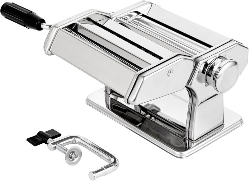 Restaurantware Pasta Maker Stainless Steel 8.3 x 7.8 x 6.2 Inch Adjustable Thickness Noodle Machine With Spaghetti Cutter And Interchangeable Blades, Silver Kitchen Pasta Tool - Image 1