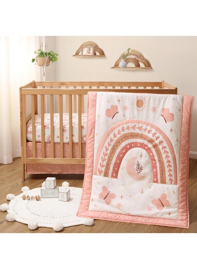 The Peanut Shell مجموعة بيبي كريب من ذا بيناتشيل 3 قطع للفتيات - مجموعة سرير حديثي الولادة، الرضع والأطفال مع شريحة سرير ملائمة، غطاء سرير مزخرف - قوس قزح بوهيمي - Image 1