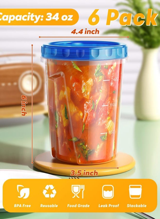 BiuLeon 6 Pack-34 oz Freezer Storage Containers, Plastic Food Storage Containers with Twist Top Lids, BPA Free and Reusable Soup Containers with Lids, Leakproof/Microwave/Dishwasher Safe - Image 2