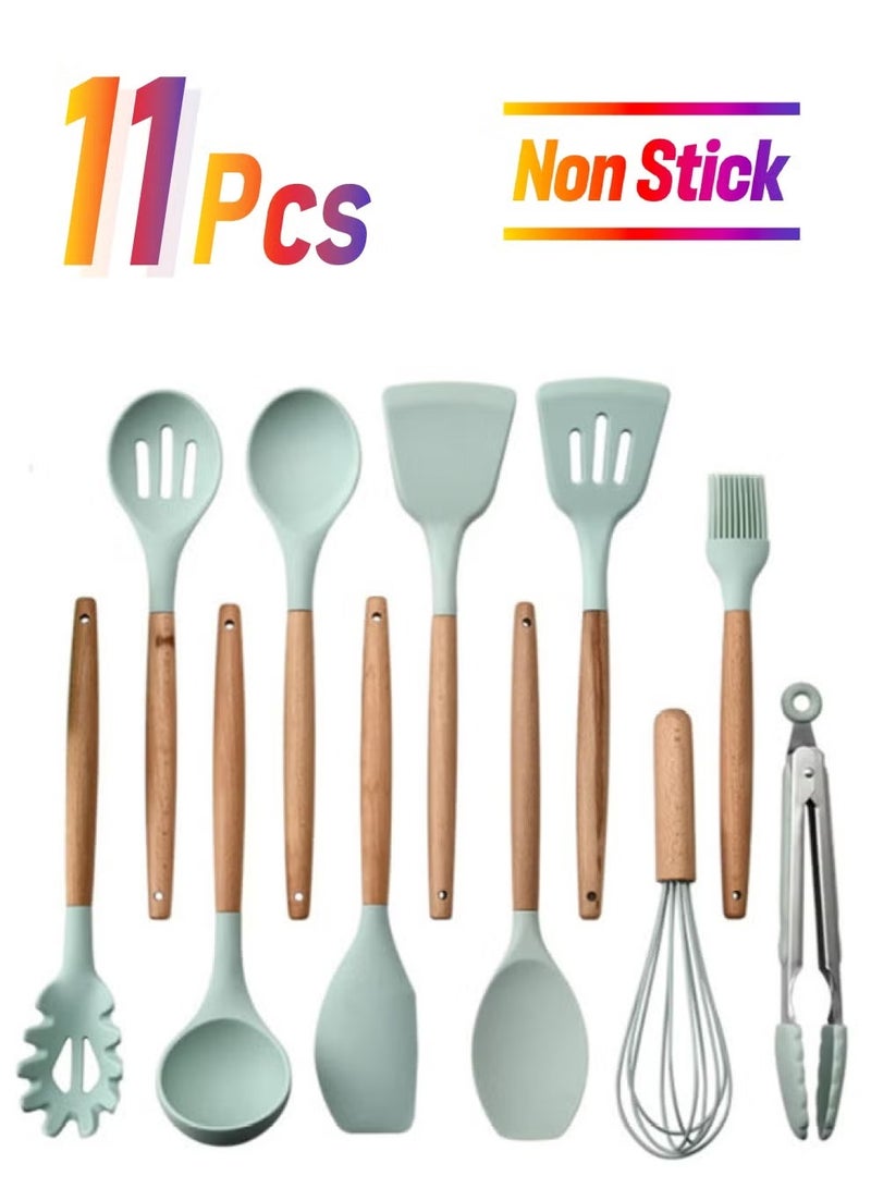 TIGER 11-Piece Wooden Handle Bucket Cookware Spoon Set. Mint Green – Durable Kitchen Utensils for Cooking, Stirring, Serving, Eco-Friendly and Stylish  - Image 1