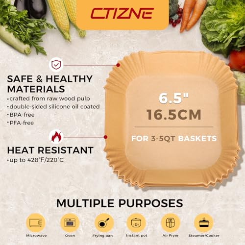 ctizne Air Fryer Liners Disposable - 150Pcs 6.5In Square Parchment Paper for Air Fryer Non-Stick Airfryer Basket Liners for Steamer Microwave Oven - Image 2
