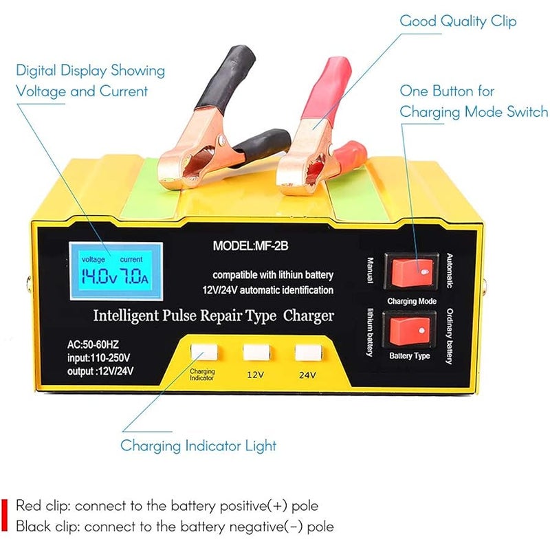 Festnight 12V/24V Battery Charger Intelligent Pulse Repair Type Charger with Digital Display for Car Cell Motorcycle Battery UK Plug - Image 4