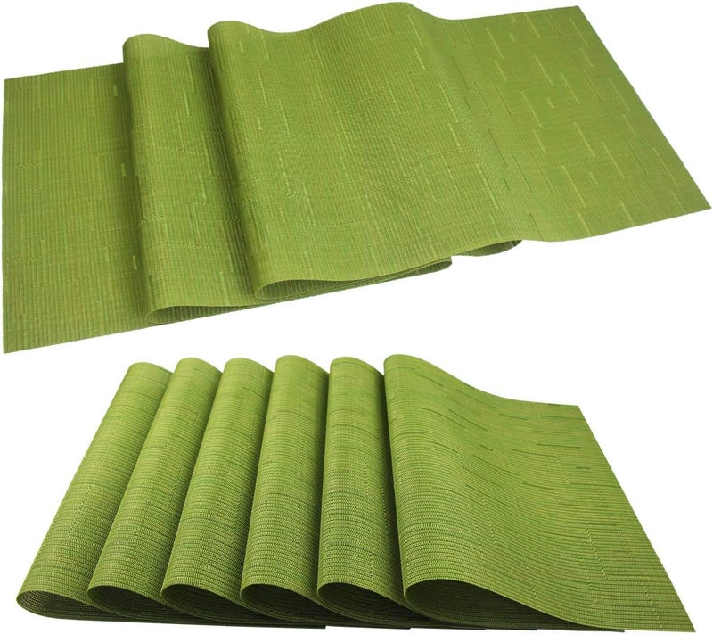 pigchcy Elegant Placemats and Table Runner, Washable Durable Plastic, 6pcs Placemats + 1pcs Runner, Sage Green - Image 1