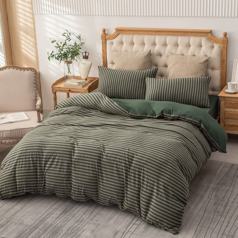 PURE ERA Jersey Knit Duvet Cover Set 100% T-Shirt Heather Cotton Super Soft Comfy Classic Striped Design, with Zipper Closure, Forest Green Stripe, Twin - Image 5