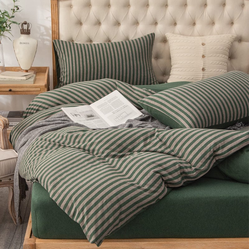 PURE ERA Jersey Knit Duvet Cover Set 100% T-Shirt Heather Cotton Super Soft Comfy Classic Striped Design, with Zipper Closure, Forest Green Stripe, Twin - Image 3