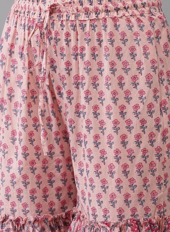 ISHIN Women's Pink 100% Cotton Printed Straight Fit Kurta Set