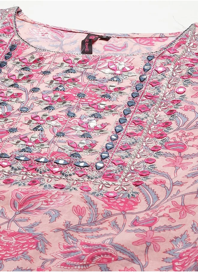 آي شين Straight Fit Printed Pattern Round Neck Three-Quarter Sleeves Pink Colour Knitted Cotton Kurta Set for Women with Semi Elastic Closure - Crafted for Elegance and Ease