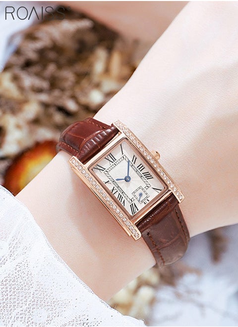 Women's Leather Strap Quartz Watch, Analog Display Rectangle Dial Watch with Rhinestones Decoration, Waterproof Retro Watch as Gift for Women