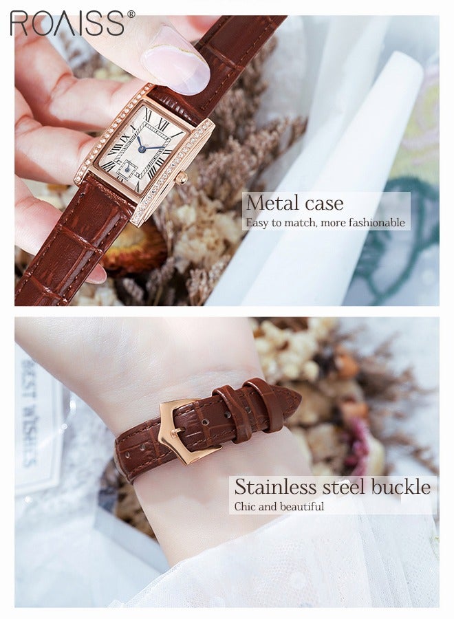 رويس ساعة كوارتز نسائية بحزام جلدي، ساعة بقرص مستطيل مع زخرفة بأحجار الراين، ساعة ريترو مقاومة للماء كهدية للنساء - Image 4