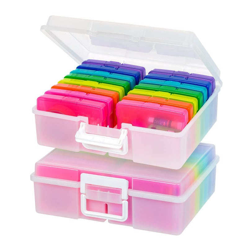 IRIS USA 4 x 6 Photo Storage Box Craft Keeper 2Pack Handle Container with 16 Organization Cases for Pictures Crafts Scrapbooking Stationery Storage and Organization MultiColorPearl