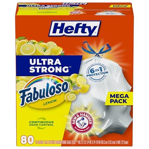 Hefty Ultra Strong 13 Gallon Trash Bags, Tall Kitchen Trash Bags 13 Gallon Size, Resist Leaks, Punctures, and Rips, Continuous Odor Control, White, Fabuloso Lemon Scent, 80 Bags - Image 1