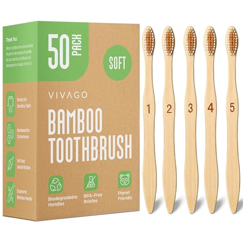 VIVAGO Bamboo Toothbrushes Bulk Soft Bristles (50 Pack) - Eco-Friendly, Natural Wooden Toothbrush - Image 1