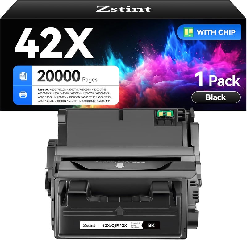 Zstint 42X Black Toner Cartridge 1-Pack High Yield with Chip Replacement for HP 42X Q5942X Q1338A Cartridges Compatible with HP Laser Jet Pro MFP 4250 4220N 4250DTN 4350N 4350DTN 4300DTNSL 4345MFP Printer - Image 1