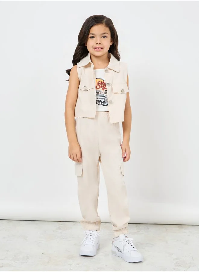 ستايلي Pack of 3 - Graphic Print Cami, Sleeveless Crop Jacket & Cargo Pant Set