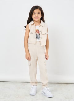 Styli Pack of 3 - Graphic Print Cami, Sleeveless Crop Jacket & Cargo Pant Set  - Image 1