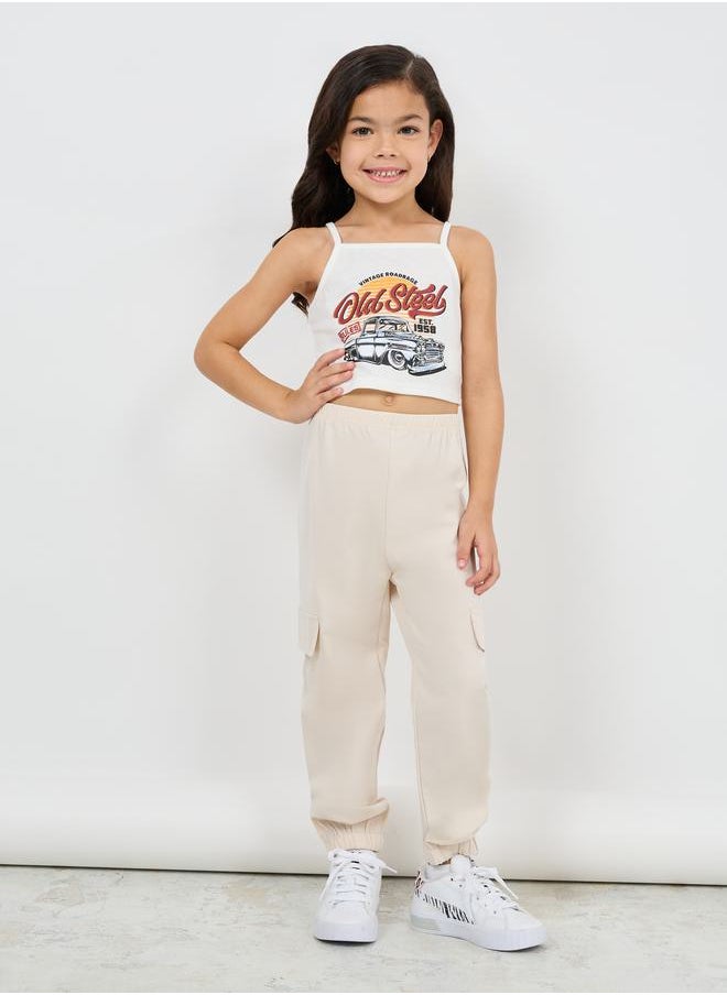 Styli Pack of 3 - Graphic Print Cami, Sleeveless Crop Jacket & Cargo Pant Set  - Image 3