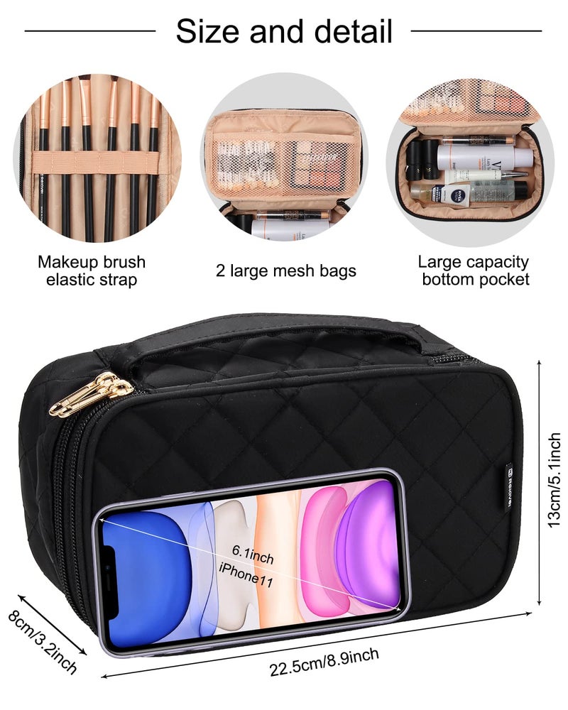 Relavel Makeup Bag, Small Makeup Bag for Women, Travel Cosmetic Bag, 2 Layers Waterproof Makeup Organizer Storage with Makeup Brush Holder, Black - Image 2
