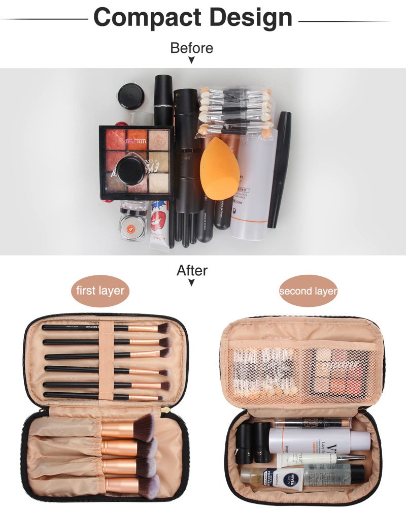 Relavel Makeup Bag, Small Makeup Bag for Women, Travel Cosmetic Bag, 2 Layers Waterproof Makeup Organizer Storage with Makeup Brush Holder, Black - Image 3