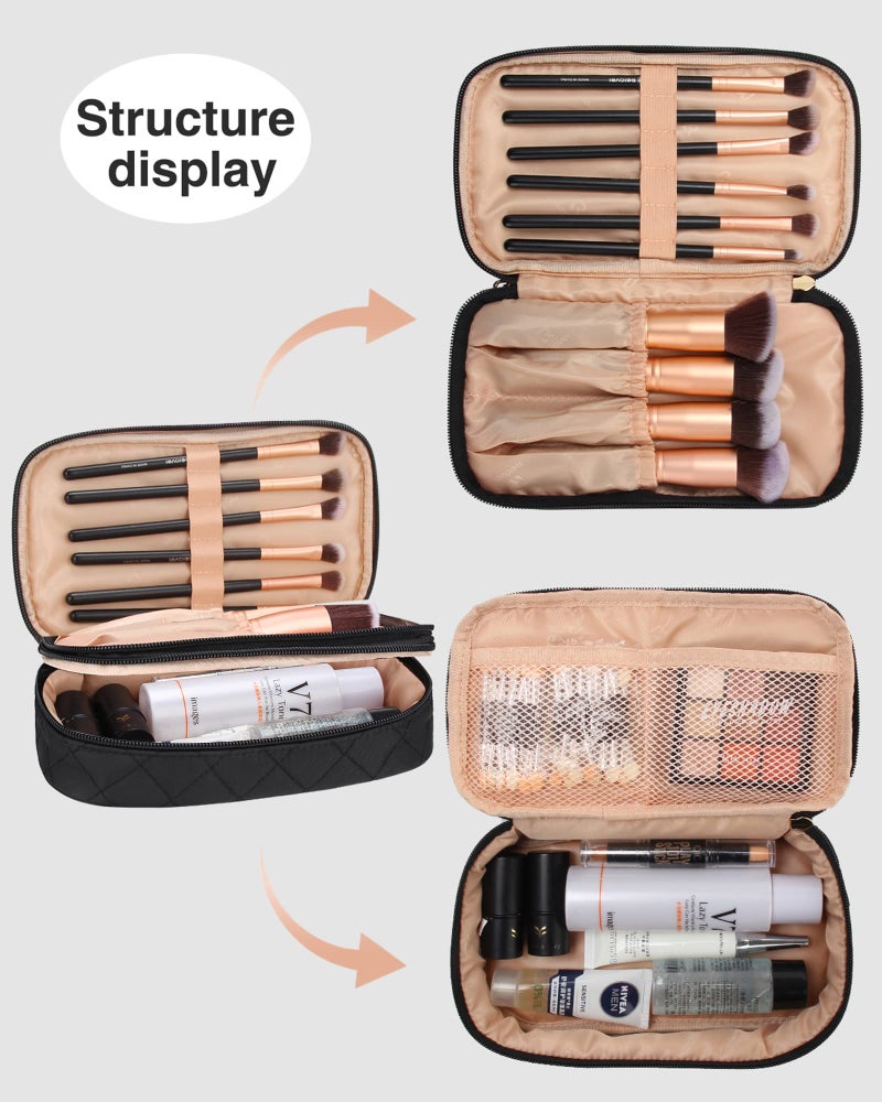 Relavel Makeup Bag, Small Makeup Bag for Women, Travel Cosmetic Bag, 2 Layers Waterproof Makeup Organizer Storage with Makeup Brush Holder, Black - Image 4