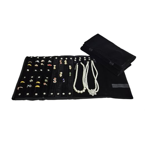SCIKHEFT Velvet Travel Jewelry Case Roll Bag Organizer for Necklace Bracelet Earrings Ring (Black) (Black set) - Image 2