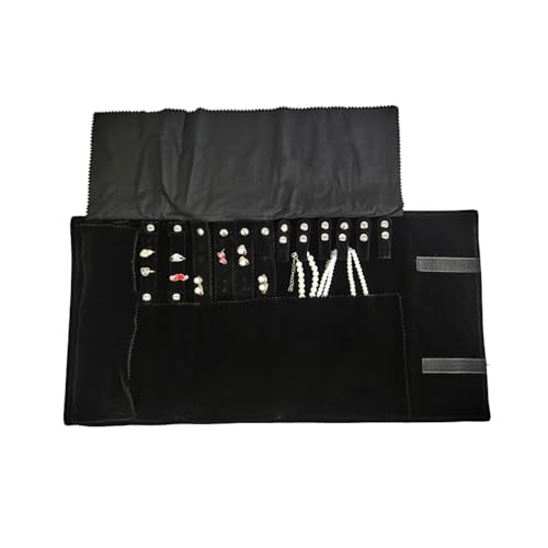 SCIKHEFT Velvet Travel Jewelry Case Roll Bag Organizer for Necklace Bracelet Earrings Ring (Black) (Black set) - Image 3