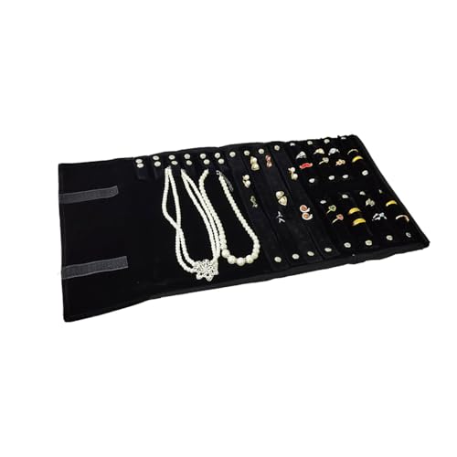 SCIKHEFT Velvet Travel Jewelry Case Roll Bag Organizer for Necklace Bracelet Earrings Ring (Black) (Black set) - Image 4