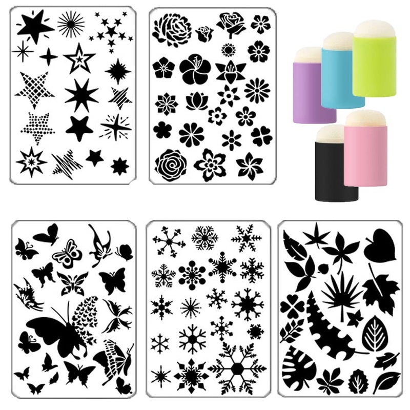 Stencils for Painting Set 5 Pcs Painting Stencils Leaves Flowers Butterflies Snowflakes Stars Stencils for Crafts 5 Pcs Finger Painting Sponge for Art DIY Craft Card Gift Tags and Scrapbooking