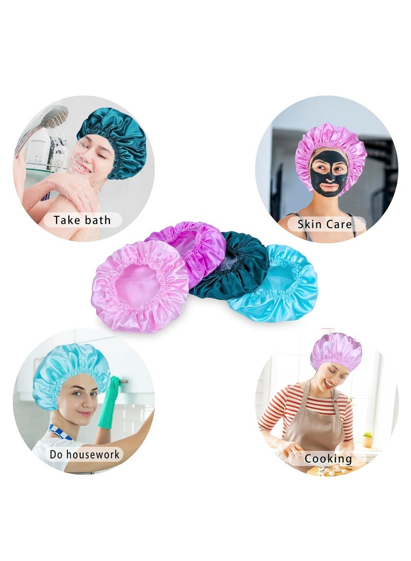 LENND Shower Caps for Women, 4 PCS Elastic and Reusable Bath Caps, Double Waterproof Layers Shower Cap, Bathing Shower Caps, Environmental Protection Hair Bath Hat - Solid Color - Image 4