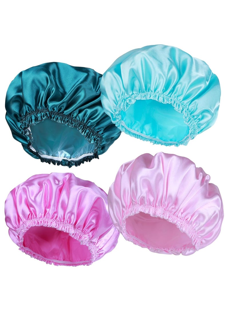 LENND Shower Caps for Women, 4 PCS Elastic and Reusable Bath Caps, Double Waterproof Layers Shower Cap, Bathing Shower Caps, Environmental Protection Hair Bath Hat - Solid Color - Image 1