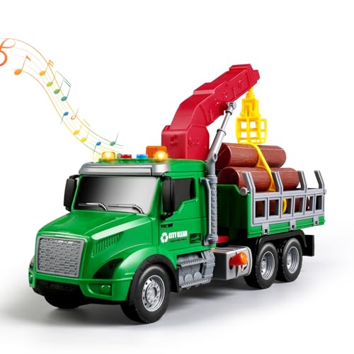DWIRCTOYS ألعاب أطفال DWIRCTOYS للأطفال من 3 إلى 6 سنوات شاحنة قطع الأشجار مع رافعة تحميل و 6 جذوع وأضواء وأصوات وشاحنة تعمل بالاحتكاك هدايا عيد ميلاد للأطفال الأولاد والبنات - Image 1
