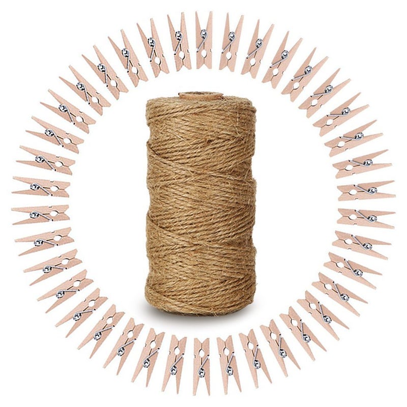 KINGLAKE 328 Feet Natural Jute Twine with 100 Pcs Mini Natural Wooden Clothespins Photo Pegs Craft Pictures Clips - Image 1